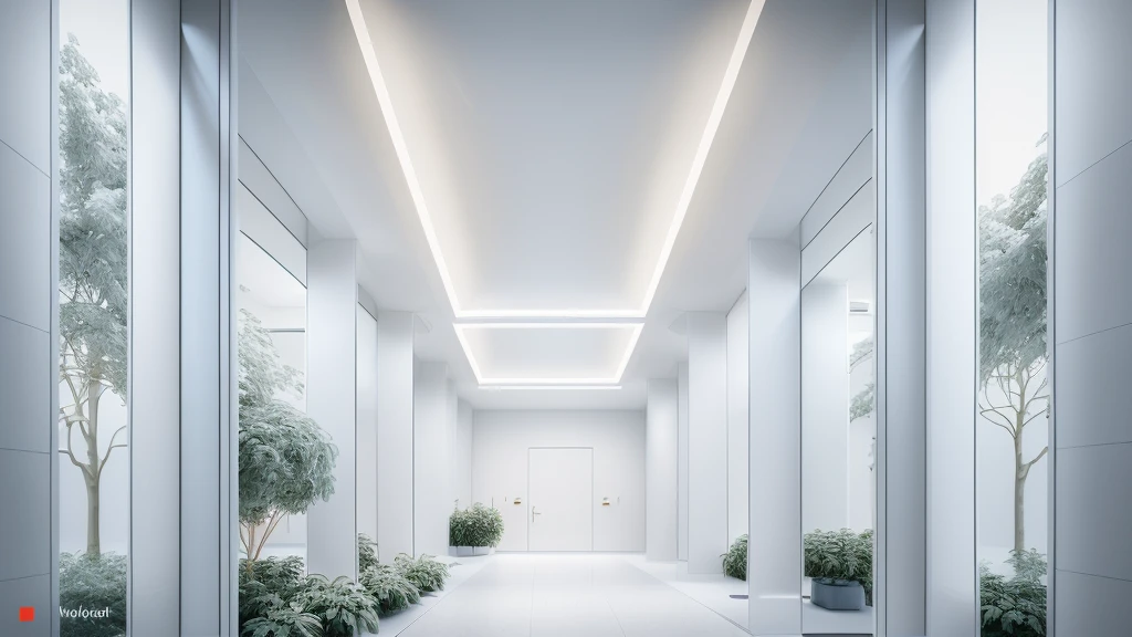 there is a long hallway with a lot of windows and trees, hallway landscape, all white render, infinite hallway, white minimalist architecture, tall entry, inside a tall vetical room, well lit 3 d render, indoor liminal space, liminal space hallway, commercial lighting, corridor, white ceiling, minimalistic and beautiful, white building, crisp smooth clean lines