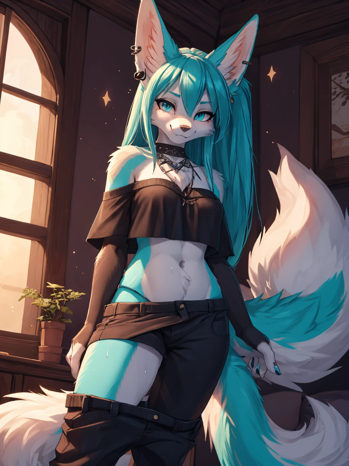 Miku Hatsune, add high definition_detail:1, blue fur,kitsune ears, tribal tattoo add_detail:1,pose in bed, scoating position during a full moon showing off her beautiful figure and her outfit (black blouse bare shoulders, he pulls down his pants with one hand, while biting the.Other ) sweaty body add_details:1, smiling add_detailsl:1, ear piercing add_detail:1
