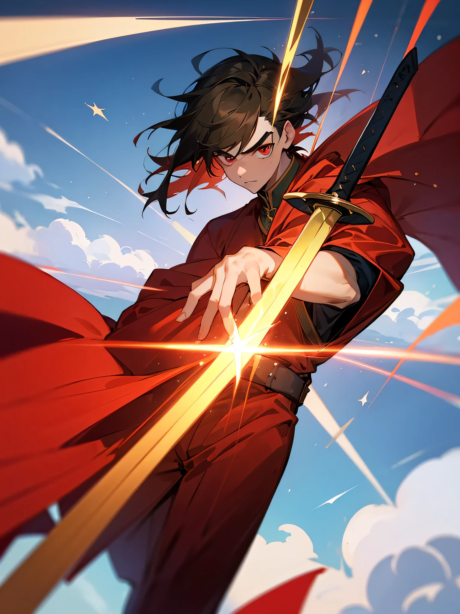 - Above the vast sky，Dozens of layers of heaven，A handsome young man in bright red clothes，Sword-like eyebrows and star-like eyes，But he looked panicked。