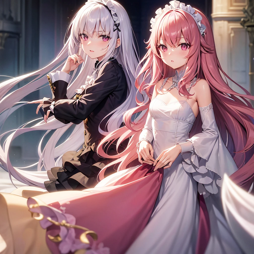 louise francoise le blanc de la valliere,zero no tsukaima,,pink eyes,pink hair,hair between eyes,very long hair,long hair,wavy hair,small breasts,slender,1girl,