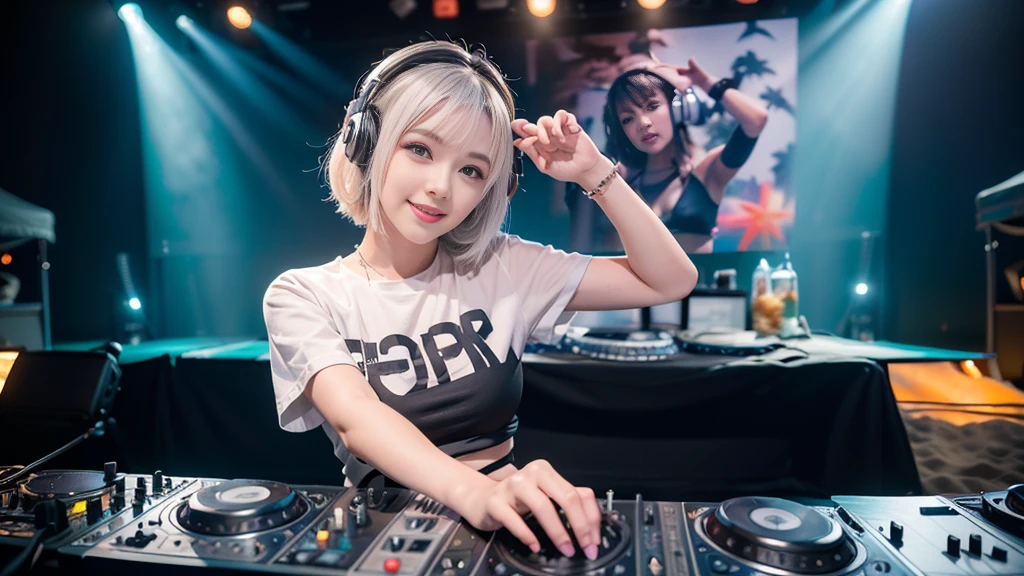 (ultra - detailed, 16K resolution, Cinema lenses, rendering by octane), (high resolution:1.18), intricate detail, (masterpiece:1.1), (highest quality:1.1), (1girl, portrait, white hair, blue eyes, short hair, detailed eyes),Wearing silver DJ headphones, sequined T-shirt, (in the beach:1.5), (Iconic hip-hop pop costumes:1.3), Smile while DJing on stage, DJ studio next to the beach, ((A stylish DJ stage on a hill overlooking the beach)), full body shot, Photorealistic photography by Sunshine, (cute round face:1.3), perfect fingers, five fingers, beautiful hands, perfect hands. master peace, cute smile.