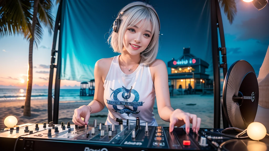 (ultra - detailed, 16K resolution, Cinema lenses, rendering by octane), (high resolution:1.18), intricate detail, (masterpiece:1.1), (highest quality:1.1), (1girl, portrait, white hair, blue eyes, short hair, detailed eyes),Wearing silver DJ headphones, sequined T-shirt, (in the beach:1.5), (Iconic hip-hop pop costumes:1.3), Smile while DJing on stage, DJ studio next to the beach, ((A stylish DJ stage on a hill overlooking the beach)), full body shot, Photorealistic photography by Sunshine, (cute round face:1.3), perfect fingers, five fingers, beautiful hands, perfect hands. master peace, cute smile.