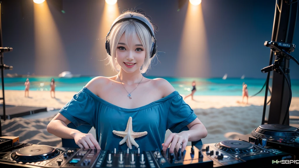 (ultra - detailed, 16K resolution, Cinema lenses, rendering by octane), (high resolution:1.18), intricate detail, (masterpiece:1.1), (highest quality:1.1), (1girl, portrait, white hair, blue eyes, short hair, detailed eyes),Wearing silver DJ headphones, sequined T-shirt, (in the beach:1.5), (Iconic hip-hop pop costumes:1.3), Smile while DJing on stage, DJ studio next to the beach, ((A stylish DJ stage on a hill overlooking the beach)), full body shot, Photorealistic photography by Sunshine, (cute round face:1.3), perfect fingers, five fingers, beautiful hands, perfect hands. master peace, cute smile.