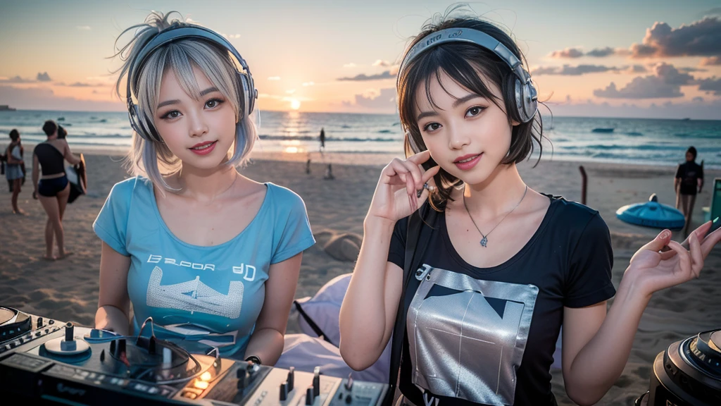 (ultra - detailed, 16K resolution, Cinema lenses, rendering by octane), (high resolution:1.18), intricate detail, (masterpiece:1.1), (highest quality:1.1), (1girl, portrait, white hair, blue eyes, short hair, detailed eyes),Wearing silver DJ headphones, sequined T-shirt, (in the beach:1.5), (Iconic hip-hop pop costumes:1.3), Smile while DJing on stage, DJ studio next to the beach, ((A stylish DJ stage on a hill overlooking the beach)), full body shot, Photorealistic photography by Sunshine, (cute round face:1.3), perfect fingers, five fingers, beautiful hands, perfect hands. master peace, cute smile.