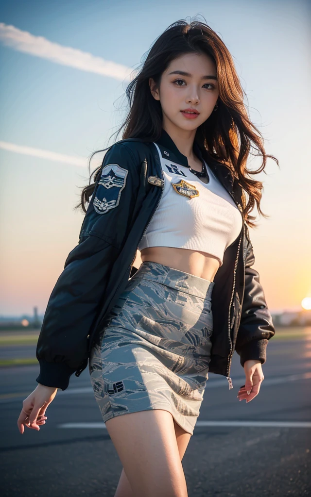 (best quality, 8K, 32k, masterpiece, Ultra HD:1.2), (Practical:1.5), (masterpiece, Highly detailed CG Unity 8K wallpaper, best quality, high resolution:1.2), (Very detailed, Ultra HD:1.2), Photo of extremely cute and beautiful Japanese Miss, (Maroon with long wavy hair:1.2), aldult,(full-body shot)(Showing off long legs black) (Detail of beautiful girl:1.4), best quality, Miss, aldult, (U.S. Air Force pilot details:1.5), (Professional bomber sexy jacket:1.3), (White high waist pencil skirt:1.3), (Beautiful sunset US air force base runway landscape background:1.2), Laugh shyly:1, Looking at the audience, For the audience, ((Perfect Miss'body of)), (Tight waist:1.2), (Image of the entire body from the knees up:1.3), Thin, Abdominal muscles, (Beautiful breasts:1.25), Assembling the head, wind, Dynamic poses, light, Backlight, Beautifully dressed, Perfect anatomical structure, Perfect proportion, Detailed human body, Fashion model posing,Soft expression、Smile