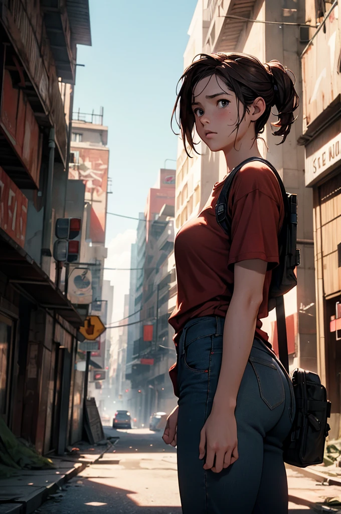NSFW, Masterpiece, 1.4 Top Image 4K, Ellie The Last Of Us, Brown Hair, Red Shirt, Dark Blue Pants, Rendering In An Apocalyptic City, Showing Panties, Ultra Realistic, 4K Wallpaper, EnvyBetterHands LoCon.