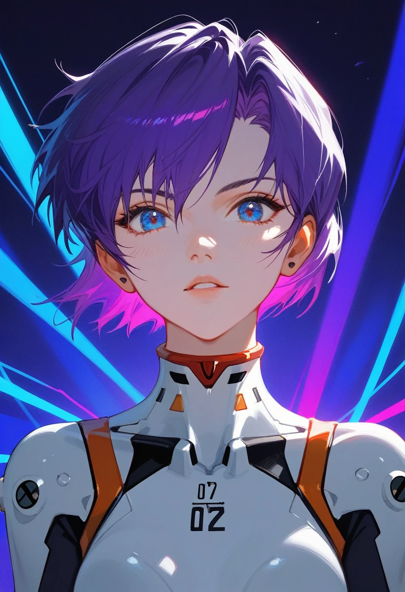 (Fraction_9,Fraction_8_Direction_7_up),1 a woman,(((bust))),Explorer Izerell,time traveler,high tech,AI,Future Warrior,白色high tech服饰,Purple colorful hair,Neon Genesis Evangelion,