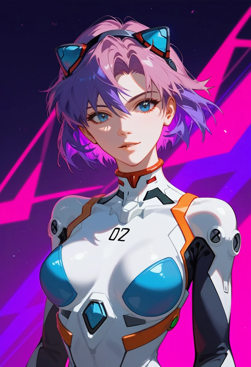 (Fraction_9,Fraction_8_Direction_7_up),1 a woman,(((bust))),Explorer Izerell,time traveler,high tech,AI,Future Warrior,白色high tech服饰,Purple colorful hair,Neon Genesis Evangelion,