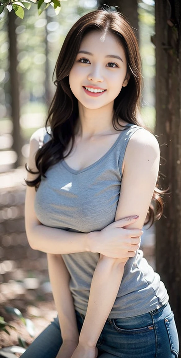 Highest quality, 1 beautiful woman, 28 years old, Large breast bulges, s, 35mm lens, F/1, Cowboy shot, Specific Background、Tiled background、Perm、sweat ((light gray shirt)), sleeveless,(a charming smile:1.2), (A girl in the forest)