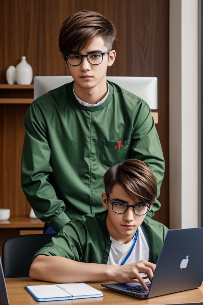 A smart boy shot with eye glasses coloring head hair with a different design hair cut hairstyle and wearing a genji sitting on laptop with telegram account behind him sitting cross legged