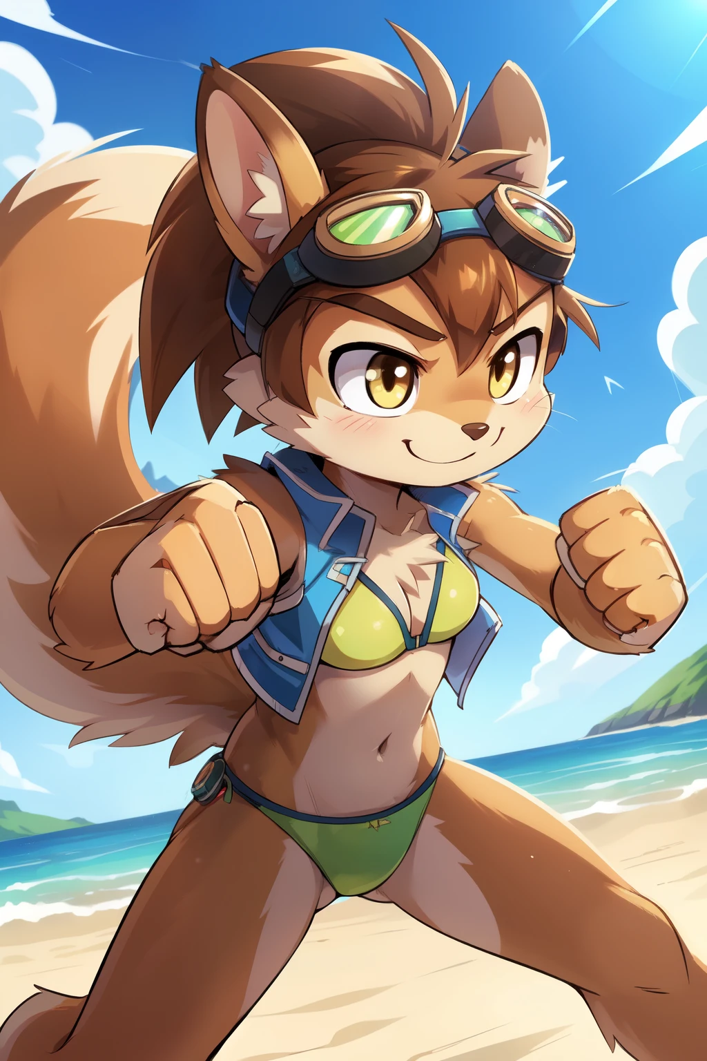 score_9,score_8_up,score_7_up, source_cartoon, source_furry, Furry girl, young, squirrel, brown hair, mohawk spiky hairstyle, spiky ponytail, yellow eyes, small breasts, detailed body fur, ((goggles, blue vest, open clothes, green bikini)), masterpiece, anime style, two tone body fur, brown body fur, clear brown body fur, (squirrel tail), (squirrel ears), detailed face, big eyebrows, detailed eyes, detailed body, beach, clear sky, detailed hands, glistering body, shiny body, skinny, sassy face, (fight, dynamic action shot, speed lines, motion blur, fighter pose, ((punch act, fist, punch focus)), detailed fist, detailed punch, full body, feets with three toes, 3 toes, looking at you, :3, smile, ((electric on punch)), dynamic angle,