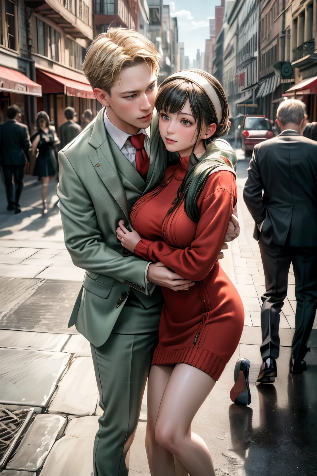 (realistic, photo-realistic:1.4), (masterpiece, best quality:1.2), high resolution, intricate details, extremely detailed, realistic and sharp details, (full body), couple, hetero, 1girl, hairband, red sweater minidress, 1boy wearing light green business suit, couple hugging each other, (grabbing her breasts:1.3), photo background, outdoors,