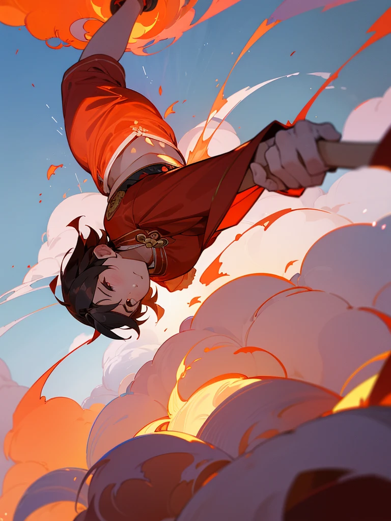 - In front of Yue Lao Temple，Thick and soft、Flame-like red cloud carpet，The boy fell like a meteor，Dive in，Raising a cloud of red dust，Make a dull sound，Just like the farts that Xiao Xiangzi occasionally releases after his stomach moves.。