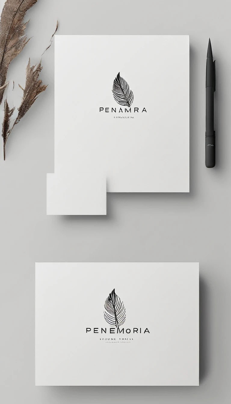 A minimal, modern, simple, cinematic logo design for the brand “Penamemoria". Create a modern, minimalistic, high-quality, logo of a dreamy. fantastic, poetic, masterpiece bird feather
