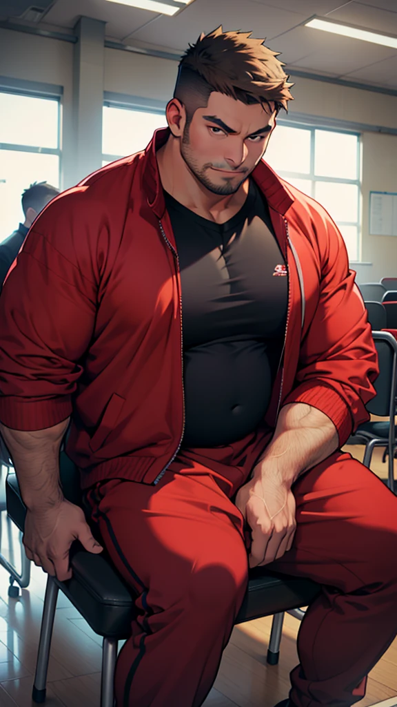 A man, fat, fat,fat,physical education teacher,very short hair, wide shirt,Red jersey jacket, masterpiece, highest quality,Sitting in a chair,Red jersey trousers,丸い顔,ホイッスルを首に提げている