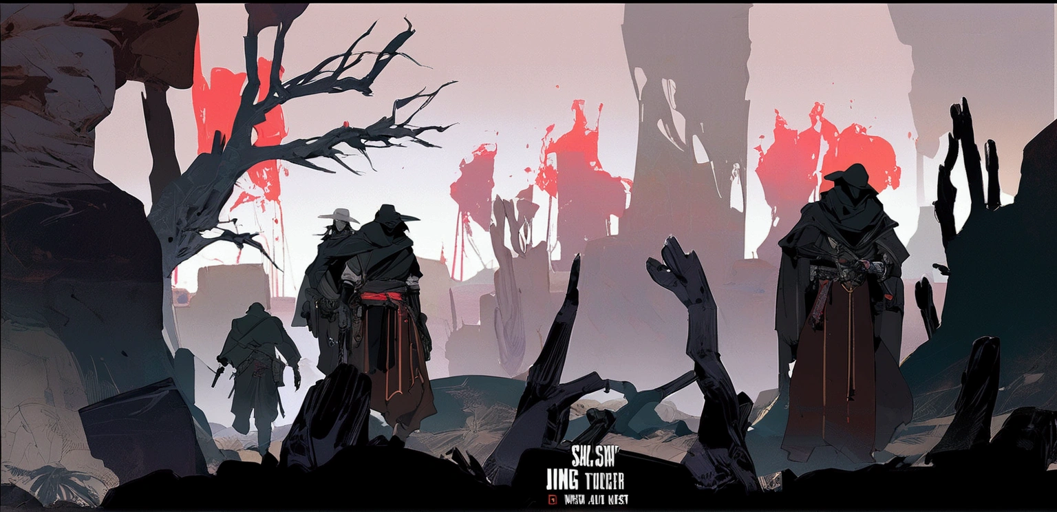 Two gunslingers dueling in the desert, Desert, red sun, scorching sun, arid, silhouette, black clothes