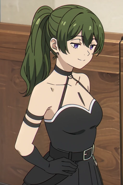 ((Best quality))),((Ultra-detailed)),((illustration)),((Disheveled hair)),((frilld)),(1 girl),(Solo), 1girl, alternate costume, bangs, bare shoulders, belt, belt buckle, black dress, black gloves, breasts, buckle, choker, cleavage, closed mouth, collarbone, dress, gloves, green hair, hair between eyes, halterneck, hand on hip, high ponytail, long hair, looking at viewer, medium breasts, medium hair, smile, solo, purple eyes,Right side ponytail,