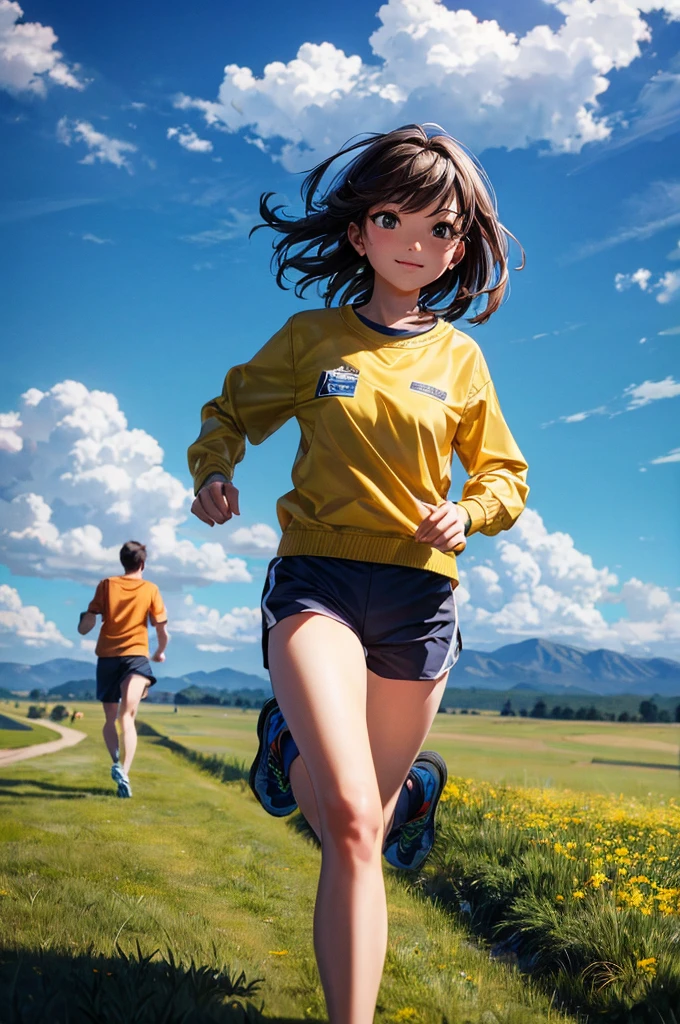 a couple running joy on edge of the grass a big sky background, camera view from so far, detailed couple, detailed sky, detailed grass, best quality, highly detailed, masterpiece, 8k scene.