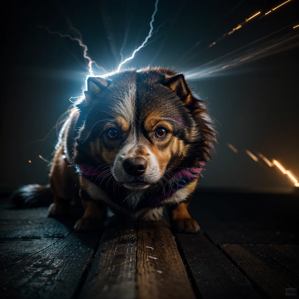 portrait of a dog breaking the sound barrier, sparks, lightning, Vapor cone, sonic boom, detailed dog face, ultra-detailed fur, photorealistic, 8k, highly detailed, cinematic lighting, dramatic composition, realistic physics, dramatic lighting, colorful, vibrant colors, motion blur, depth of field