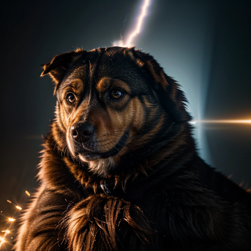 portrait of a dog breaking the sound barrier, sparks, lightning, Vapor cone, sonic boom, detailed dog face, ultra-detailed fur, photorealistic, 8k, highly detailed, cinematic lighting, dramatic composition, realistic physics, dramatic lighting, colorful, vibrant colors, motion blur, depth of field