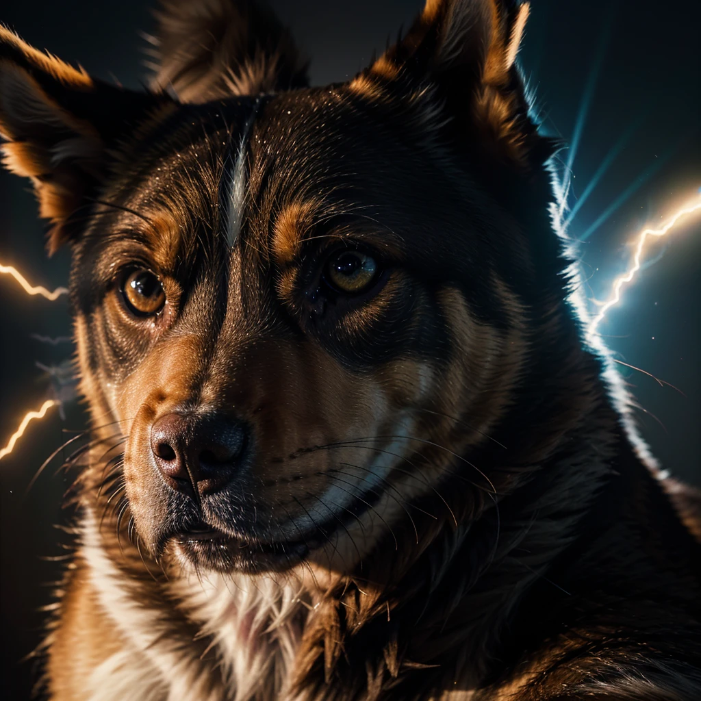 portrait of a dog breaking the sound barrier, sparks, lightning, Vapor cone, sonic boom, detailed dog face, ultra-detailed fur, photorealistic, 8k, highly detailed, cinematic lighting, dramatic composition, realistic physics, dramatic lighting, colorful, vibrant colors, motion blur, depth of field