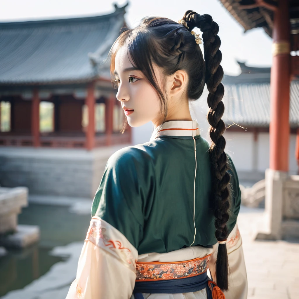 ((One girl)),((building)), Braided bangs,Braided Ponytail,(alone:1.2), Black Hair, 16 years old,View your viewers, sunlight,Hanfu, Cheng Qiang, 