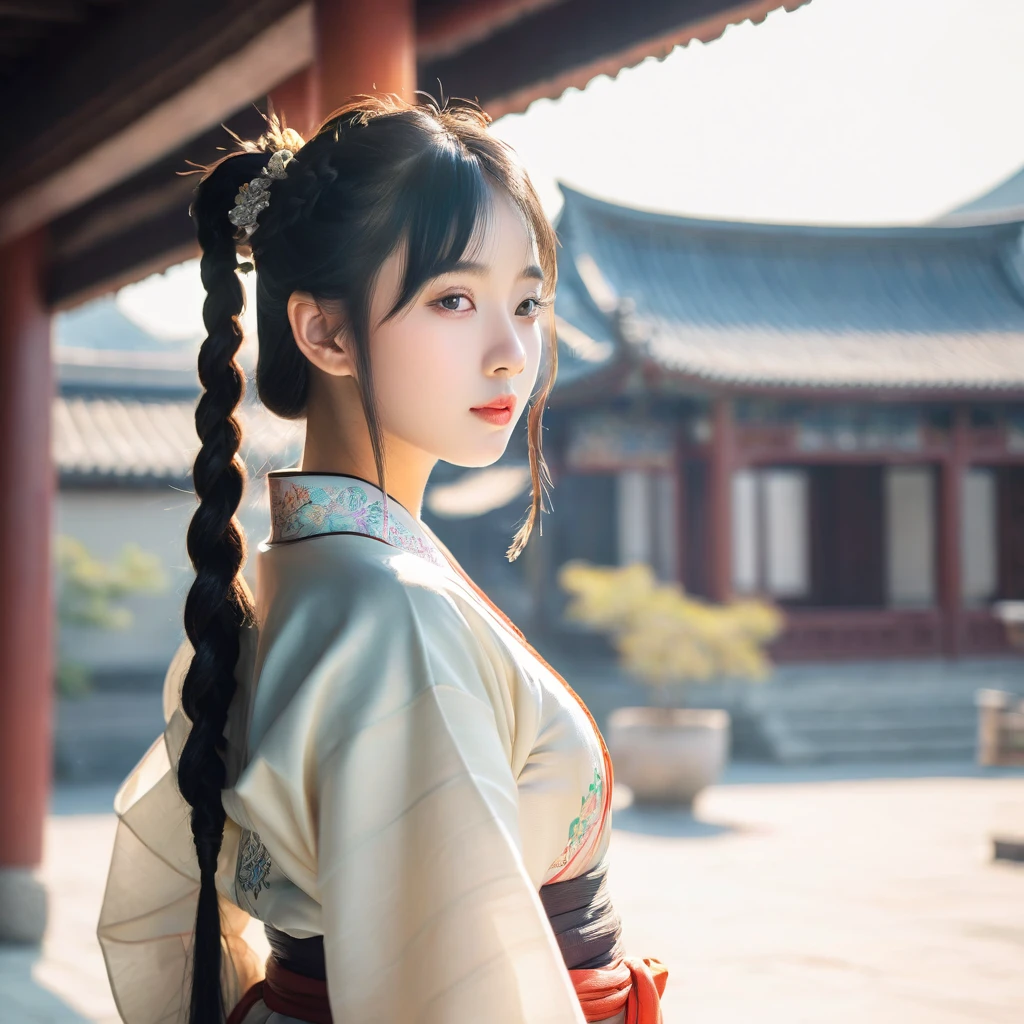 ((One girl)),((building)), Braided bangs,Braided Ponytail,(alone:1.2), Black Hair, ,View your viewers, sunlight,Hanfu, Cheng Qiang,