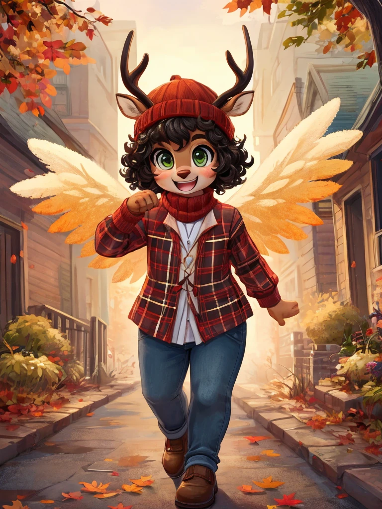 Cute, deer boy, small deer antlers, innocent, chubby, fat, big thighs, androgynous, femboy, short curly hair, black hair, fawn spots, freakles, ((cute)), smiling, wearing cottage core outfit, pastel color scheme, young, cartoony, adorable, deer tail, moss green eyes, angel wings, dynamic pose, excited pose, energetic pose, happy pose, autumn, fallen leaves, autumn colors, walking through a city during autumn, pumpkins, orange leaves, Halloween decorations, wearing a long-sleeved flannel shirt in autumnal colors (red, brown, green) layered over a fitted turtleneck with dark-wash skinny jeans and suede loafers with a wool beanie and a crossbody bag in a neutral shade,