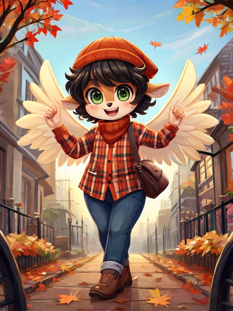 Cute, deer boy, small deer antlers, innocent, chubby, fat, big thighs, androgynous, femboy, short curly hair, black hair, fawn spots, freakles, ((cute)), smiling, wearing cottage core outfit, pastel color scheme, young, cartoony, adorable, deer tail, moss green eyes, angel wings, dynamic pose, excited pose, energetic pose, happy pose, autumn, fallen leaves, autumn colors, walking through a city during autumn, pumpkins, orange leaves, Halloween decorations, wearing a long-sleeved flannel shirt in autumnal colors (red, brown, green) layered over a fitted turtleneck with dark-wash skinny jeans and suede loafers with a wool beanie and a crossbody bag in a neutral shade,