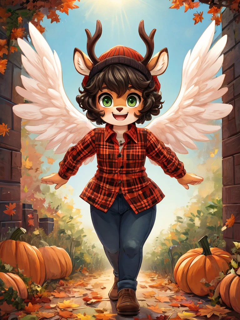 Cute, deer boy, small deer antlers, innocent, chubby, fat, big thighs, androgynous, femboy, short curly hair, black hair, fawn spots, freakles, ((cute)), smiling, wearing cottage core outfit, pastel color scheme, young, cartoony, adorable, deer tail, moss green eyes, angel wings, dynamic pose, excited pose, energetic pose, happy pose, autumn, fallen leaves, autumn colors, walking through a city during autumn, pumpkins, orange leaves, Halloween decorations, wearing a long-sleeved flannel shirt in autumnal colors (red, brown, green) layered over a fitted turtleneck with dark-wash skinny jeans and suede loafers with a wool beanie and a crossbody bag in a neutral shade,