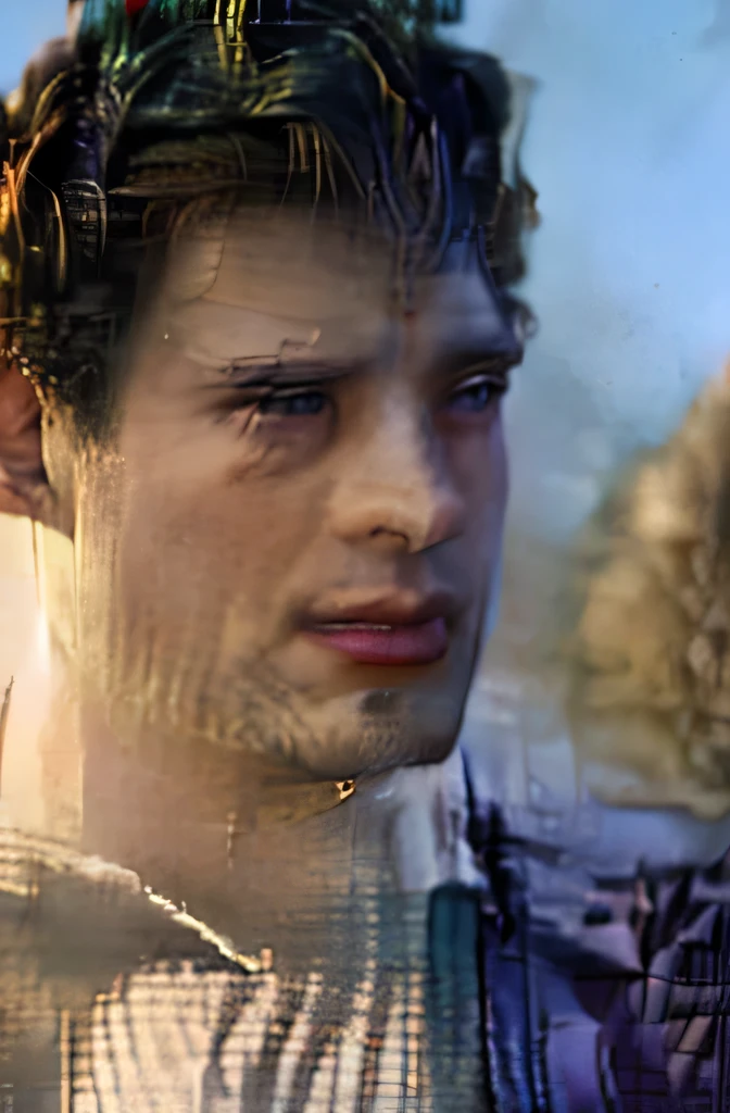 Full length portrait of actor David Corenswet wearing Superman costume "Iron Man." The scene features a blurry cityscape background with the wind blowing her hair and a serious expression.. Use the chiaroscuro technique to create striking contrast.. have giant penis 