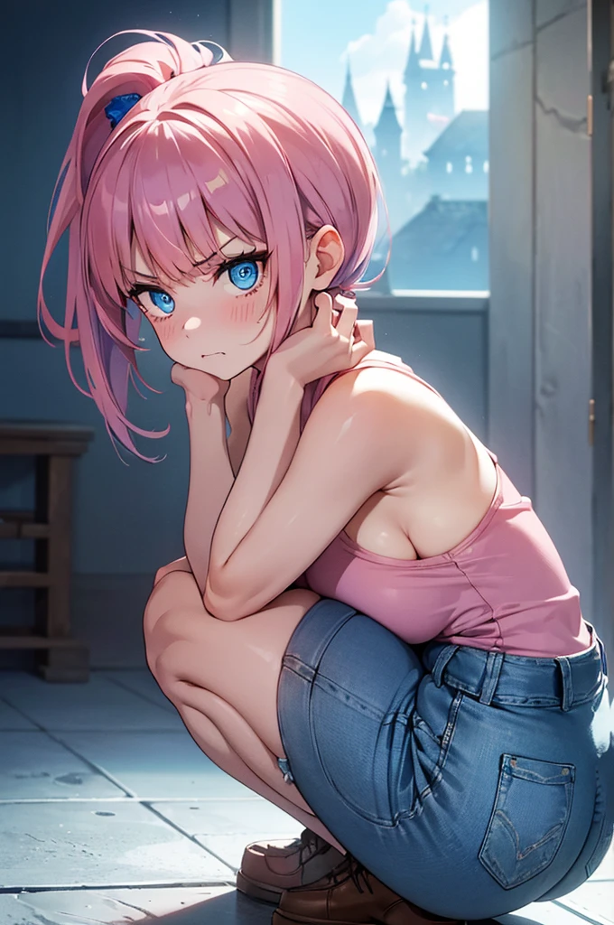 NSFW, (((1Woman))), ((best quality)), ((masterpiece)), (detailed), beautiful face, (((angry expression))), (defiance512:1.2), (((ponytail hairstyle))), ((pink and blue hair color))), (((blue jean shorts outfit))), (((castle interior background))), big blue eyes, ((blush cheeks)), angry dominant expression, (((squatting dominant pose showing ass))), (((bright glowing hypnotic blue eyes))), (((busty figure))), intense seductive gaze, contrasting soft skin, (lighting:1.2), 4:3 aspect ratio, full body, medium-size concealed