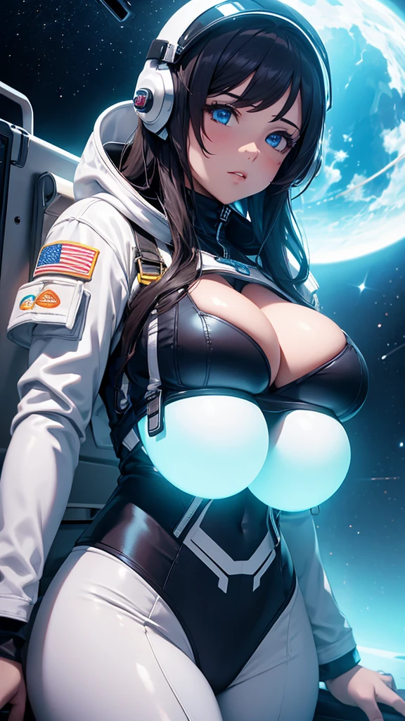 Girl with huge breasts with huge cleavage and an astronaut suit with neon lights with a helmet in space