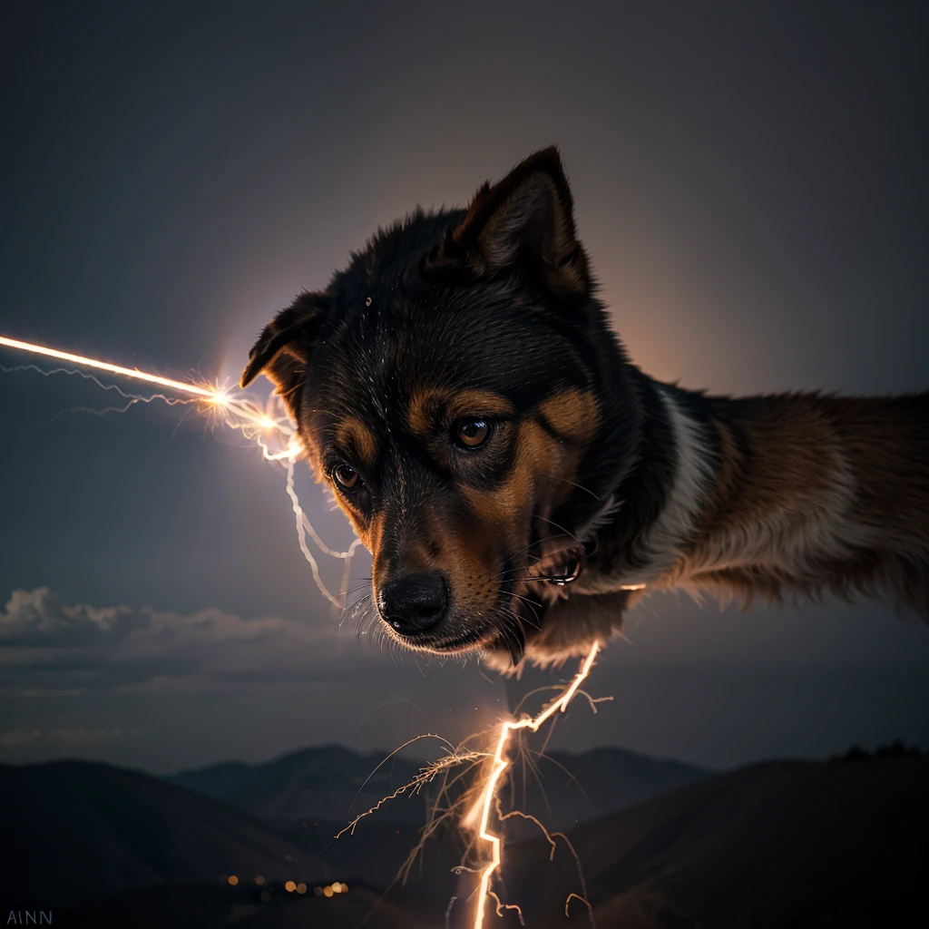 portrait of a dog breaking the sound barrier, sparks, lightning, Vapor cone, sonic boom