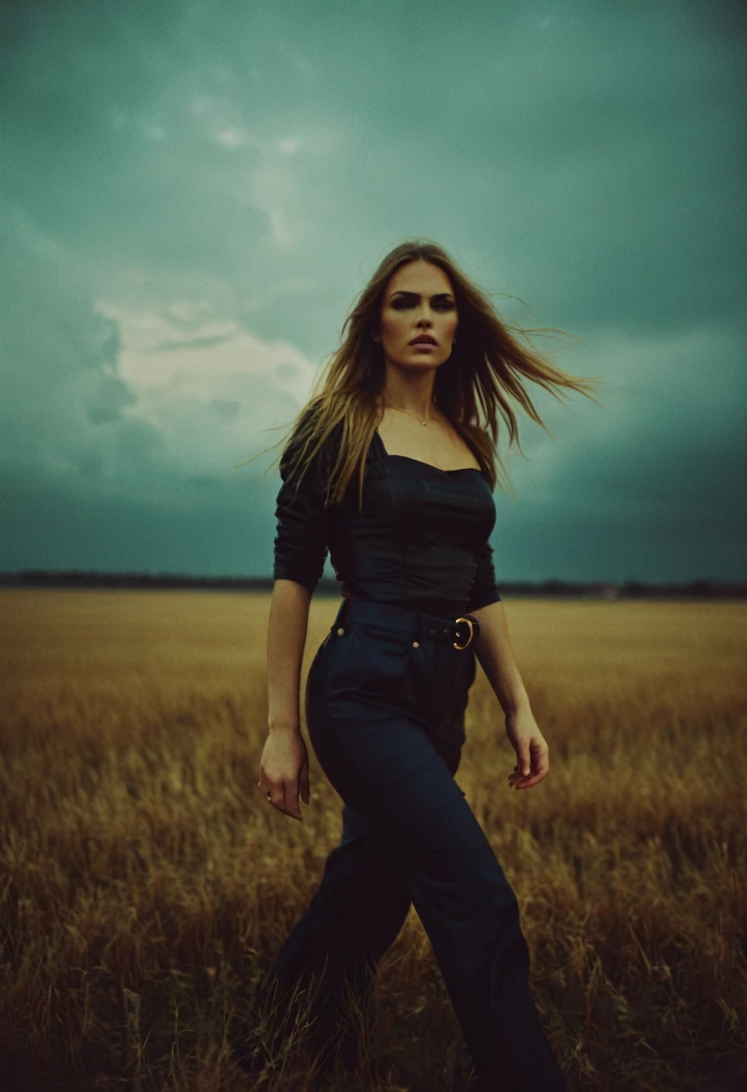 (michale kors analog photo by Guy Aroch:1.2), beautiful evil slavic muscular woman, pale skin, long hair, An evocative and moody depiction of full length view of wide angle shot at 25 years old [Into The Storm]