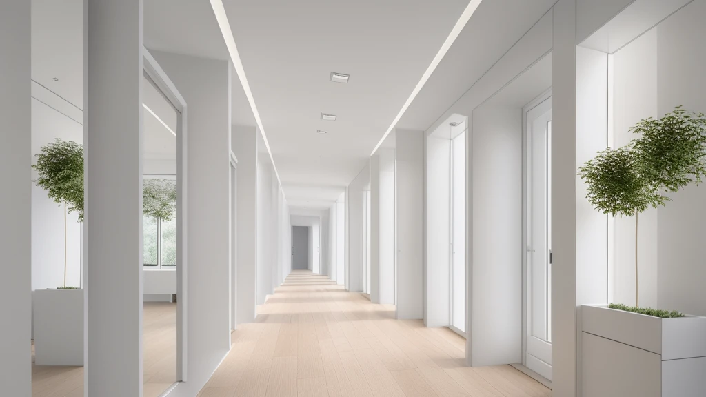 there is a long hallway with a lot of windows and trees, hallway landscape, all white render, infinite hallway, white minimalist architecture, tall entry, inside a tall vetical room, well lit 3 d render, indoor liminal space, liminal space hallway, commercial lighting, corridor, white ceiling, minimalistic and beautiful, white building, crisp smooth clean lines