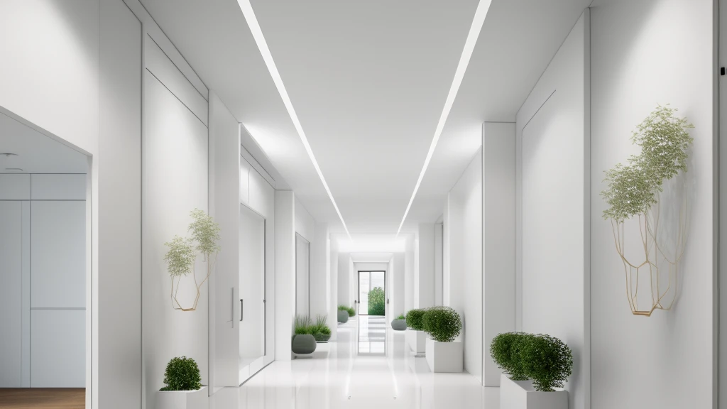 there is a long hallway with a lot of windows and trees, hallway landscape, all white render, infinite hallway, white minimalist architecture, tall entry, inside a tall vetical room, well lit 3 d render, indoor liminal space, liminal space hallway, commercial lighting, corridor, white ceiling, minimalistic and beautiful, white building, crisp smooth clean lines
