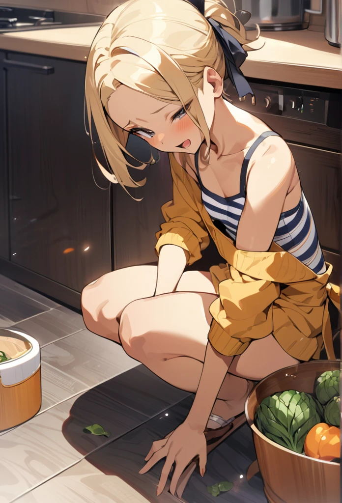 (anime style),masterpiece, best quality, extremely detailed,10Year old,tanned skin,dark skin, Beautiful body,small breasts,BREAK,multicolored colorful blonde hair,short hair,hair slicked back,BREAK,black eyes,長く濡れた舌,wedding ring,shy smile,open mouth,half closed eye,detailed lips,open legs,BREAK,cotton black big ribbon,BREAK,yellow a sweater with vertical stripes,kitchen apron,striped_bikini,off shoulder,navel,break,head tilt,in the kitchen,have a vegetables,put one knee on the chair
