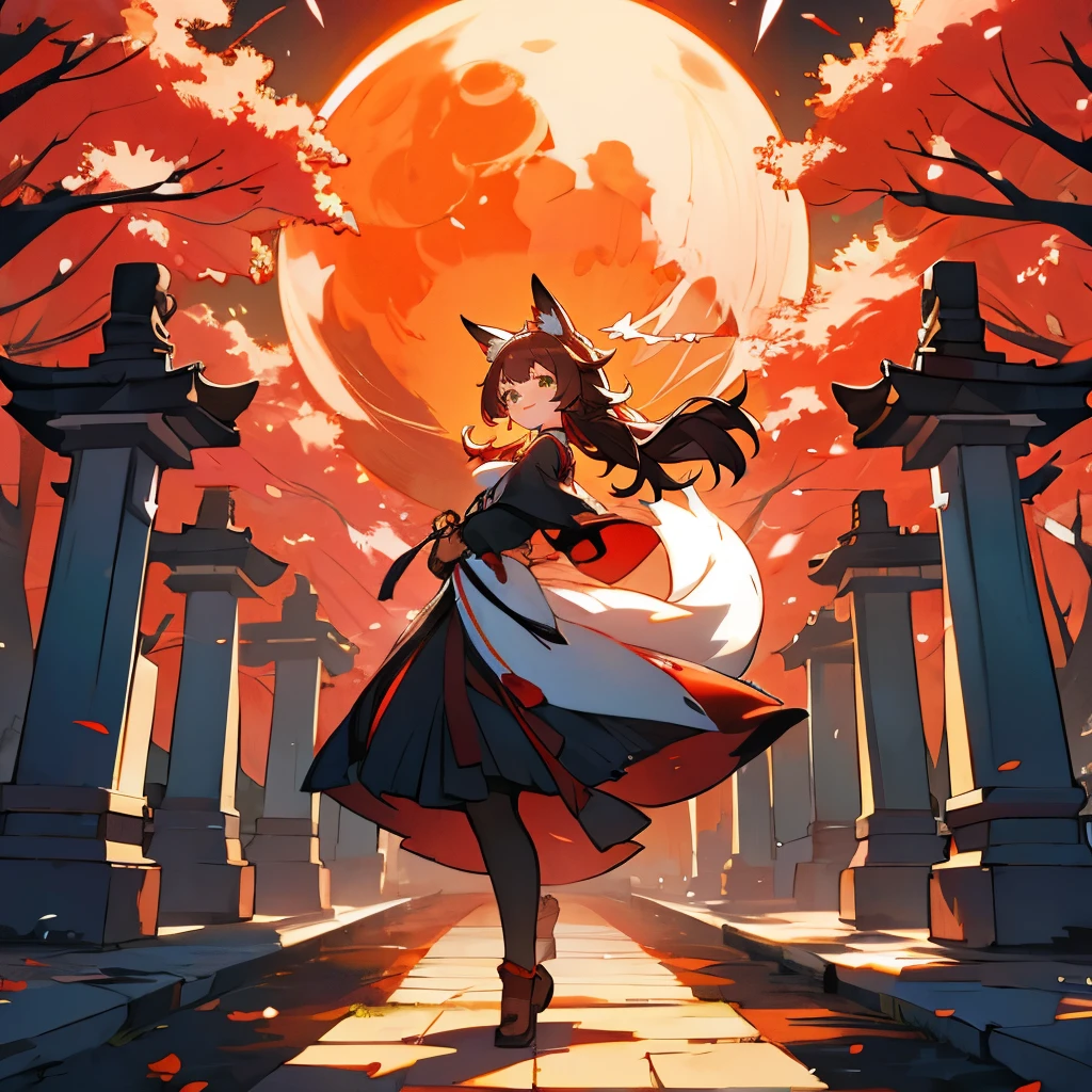 kawaii, anime, Cute, hyper quality, highly detailed, 16k, Front facing, Clarity, full body, smile, Inciting point of view, fox, A girl and a pure white fox, long brown hair, green eyes, yukata, cobblestone, red torii, A row of red torii gates, creepy laughter, worship path, cloudless dusk, Red Moon, A large number of black crows fly overhead, The black feathers of the crow are dancing, Shining big tree, Fantastic, evening, I have a pure white fox, White plum blossoms at my feet, carrying a fox, turn half your body, red sky without clouds, ominous, fox ears, wear a fox mask on your head, lined with trees, Crow wings grow on the girl's back, row of tall trees, light dances, spark effect, white kiwi flowers at my feet, 	