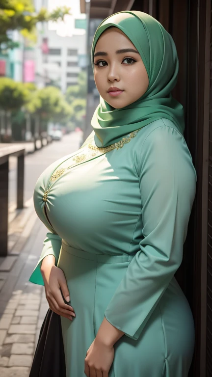 1 malay girl, modern plain hijab, shy, medium portrait, watery eyes, wearing pastel green kebaya, ((big breasts)), black bokeh background, well-proportioned body,, chubby massive thighs, full body pose