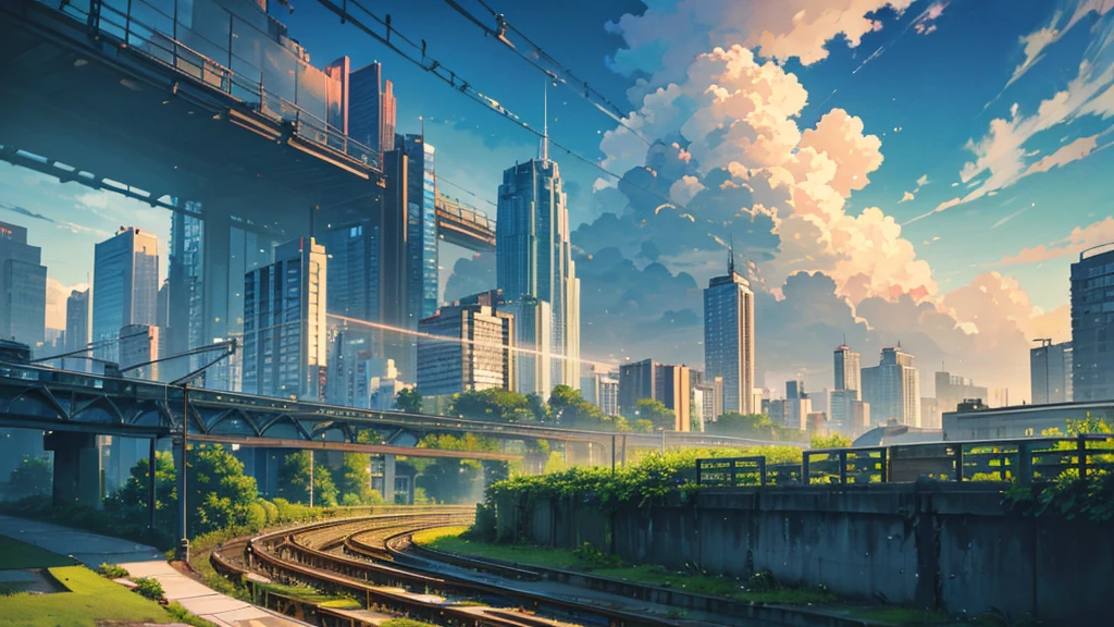 (masterpiece, highest quality:1.2), highest quality, masterpiece, high resolution, anime style, Urban landscape, ultra detailed, landscape illustration, realistic, beautiful cumulonimbus clouds, wide open sky, summer sky, verdant sky, ambiguous boundaries, morning glow, ((Contemporary landscape, Trains running, Buildings in the background, skyscraper)), brilliant morning sun, Sunlight leaking through gaps in buildings