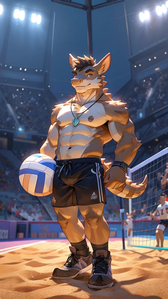 a male furry armadillo who is only wearing short shorts, has his body uncovered and is in a volleyball stadium as he is playing. He wears a necklace with a K pendant