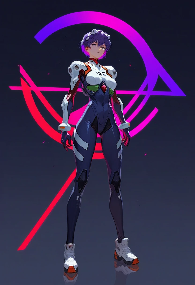 (Fraction_9,Fraction_8_Direction_7_up),1 a woman,(((Full body portrait))),Explorer Izerell,time traveler,high tech,AI,Future Warrior,白色high tech服饰,Purple colorful hair,Neon Genesis Evangelion,