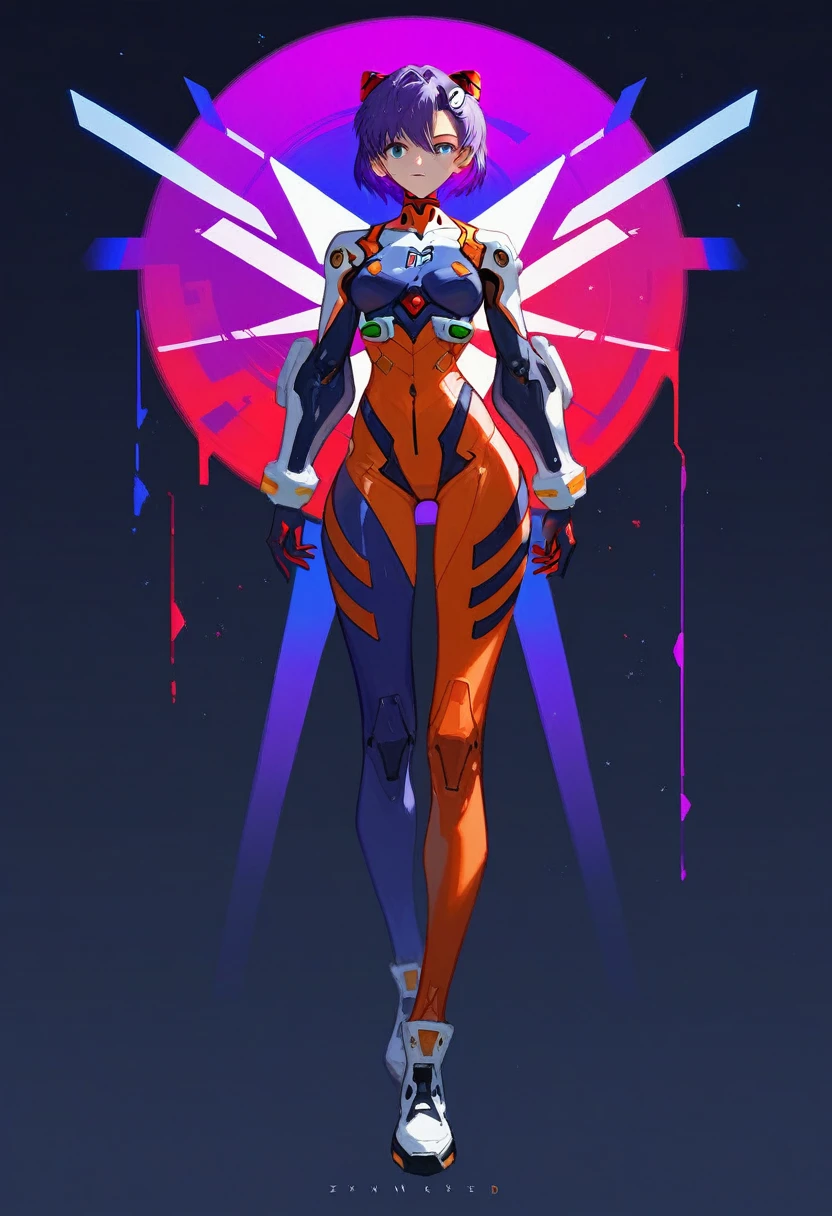 (Fraction_9,Fraction_8_Direction_7_up),1 a woman,(((Full body portrait))),Explorer Izerell,time traveler,high tech,AI,Future Warrior,白色high tech服饰,Purple colorful hair,Neon Genesis Evangelion,