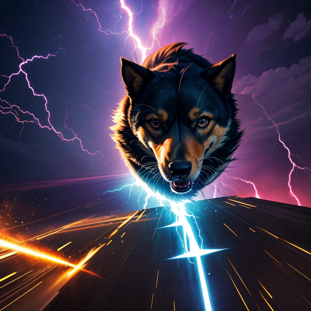 portrait of a dog breaking the sound barrier, sparks, lightning, Vapor cone, sonic boom