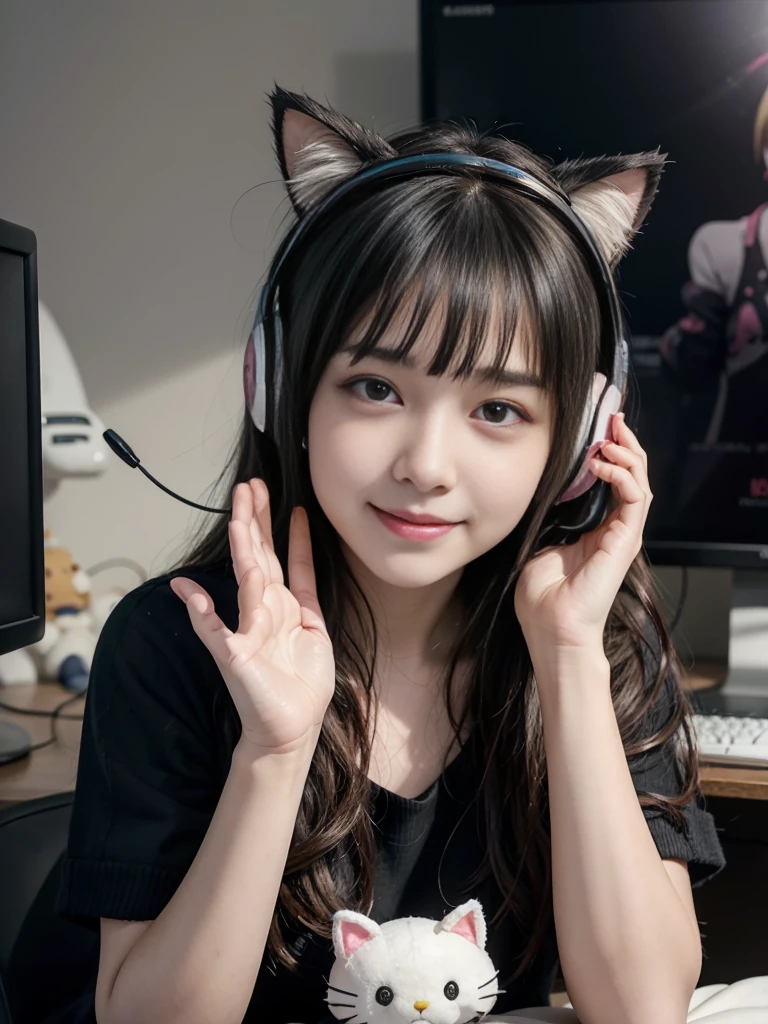 ((best qualityer)), ((work of art)), (detailded), ((1 girl)), 18-years old,ombro to ombro sweater, sweet with white skin, black eyes, wavy black hair with bangs, casual style clothes, anime print blouse, wearing cat ear headphones,background a pink gamer room, ((no people in the background)), looking straight ahead,realisitic,Smiling for the camera,waving,in the background on the right side your bed with stuffed animals on top,Kuromi and Hello Kitty plush,on the left side a gaming computer