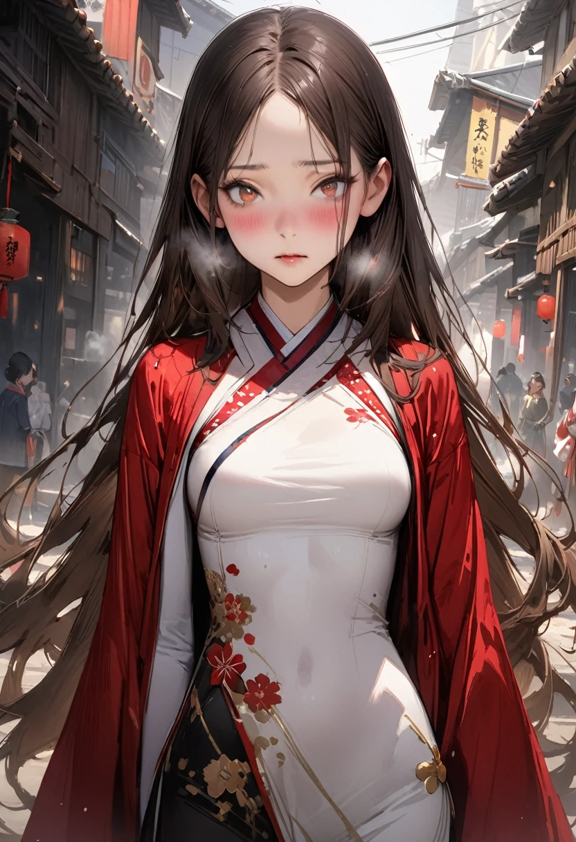 ((masterpiece,Highest quality:1.3,best quality illustration,realistic:1.3)),cowboy shot,独奏,1woman,(18-year-old、Japanese Beauty)、brown hair,long hair,parted bangs,brown eyes,gorgeous eyes,((very small head:1.3)),blush,Heavy breathing,((very long body:1.2,skinny)),medium breasts,(Red ribbon tie、White collared shirt、Long sleeve navy blue pleated mini skirt、White panties、Wet crotch),sweat,gleaming skin,toned body,slender body,walk、on street,Collapsed building、Shibuya,End of the World、