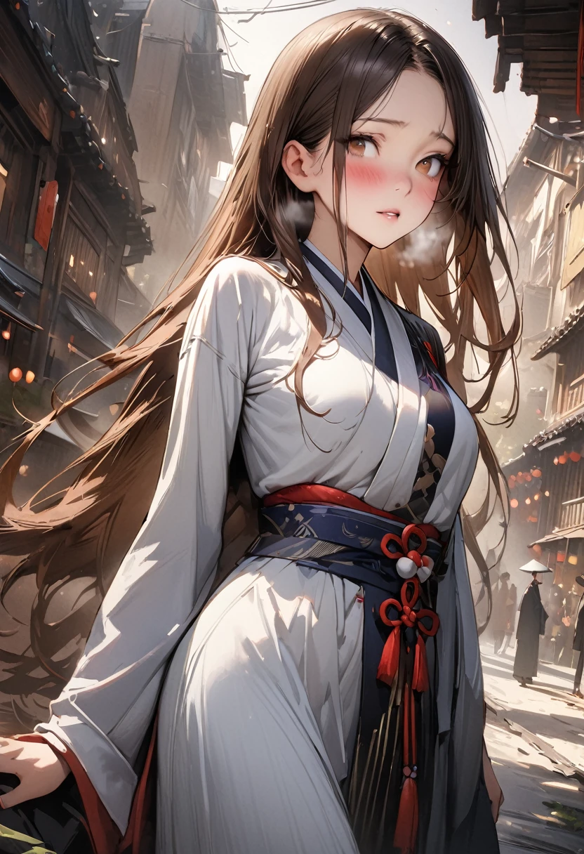 ((masterpiece,Highest quality:1.3,best quality illustration,realistic:1.3)),cowboy shot,独奏,1woman,(18-year-old、Japanese Beauty)、brown hair,long hair,parted bangs,brown eyes,gorgeous eyes,((very small head:1.3)),blush,Heavy breathing,((very long body:1.2,skinny)),medium breasts,(Red ribbon tie、White collared shirt、Long sleeve navy blue pleated mini skirt、White panties、Wet crotch),sweat,gleaming skin,toned body,slender body,walk、on street,Collapsed building、Shibuya,End of the World、