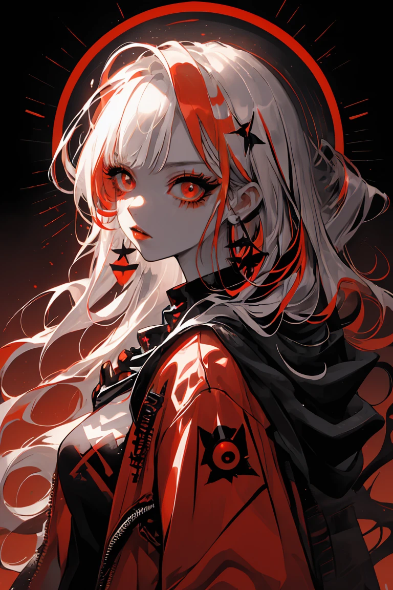 Bottom style, 1girl, bachelor, long hair, Large round sunglasses on the top of the head, Looking at the viewer, Glowing eye wallpaper, jewelry, Closed mouth, happy, الJacket, Upper body, Red poetry , Earrings, Red eyes, necklace, from side, Jacket, lip, Eyelashes, makeup, Curly hair, slot, passes, liptick, ear slot, Eye shadows, hoop Earrings, red lip, Multicolored Eyes, The topic is in red, Red Eye shadows, Dark background
