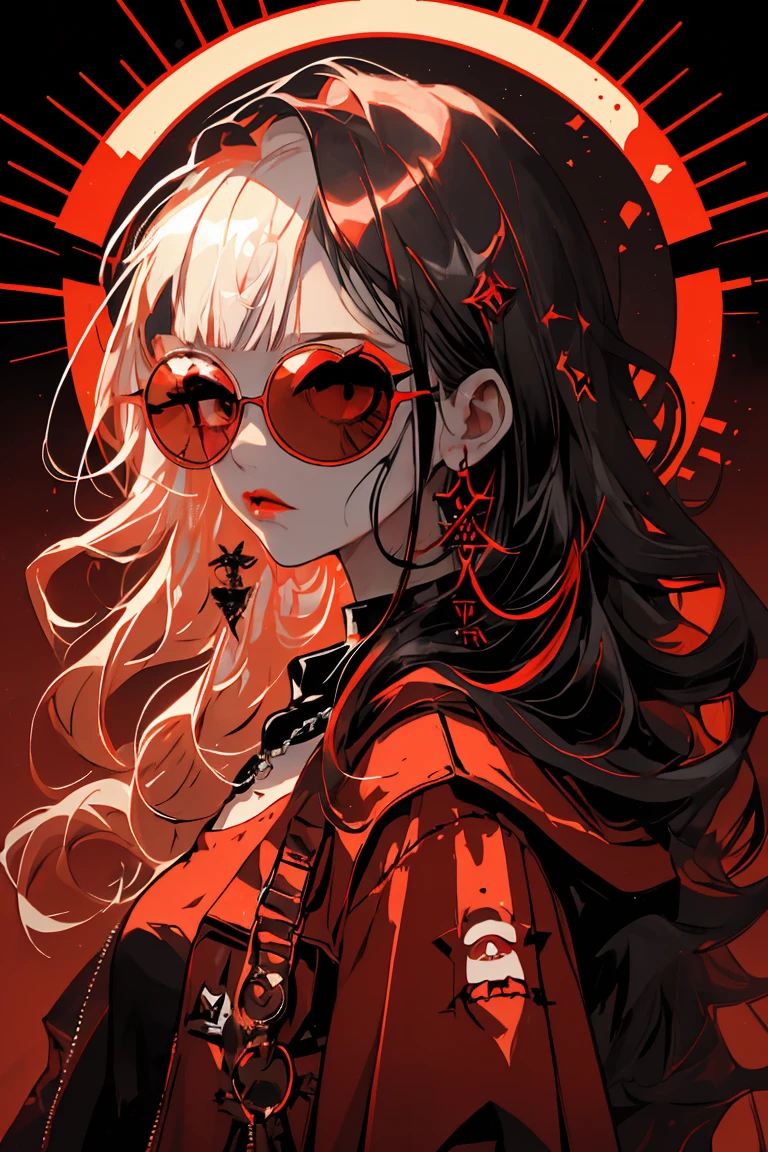 Bottom style, 1girl, bachelor, long hair, Large round sunglasses on the top of the head, Looking at the viewer, Glowing eye wallpaper, jewelry, Closed mouth, happy, الJacket, Upper body, Red poetry , Earrings, Red eyes, necklace, from side, Jacket, lip, Eyelashes, makeup, Curly hair, slot, passes, liptick, ear slot, Eye shadows, hoop Earrings, red lip, Multicolored Eyes, The topic is in red, Red Eye shadows, Dark background
